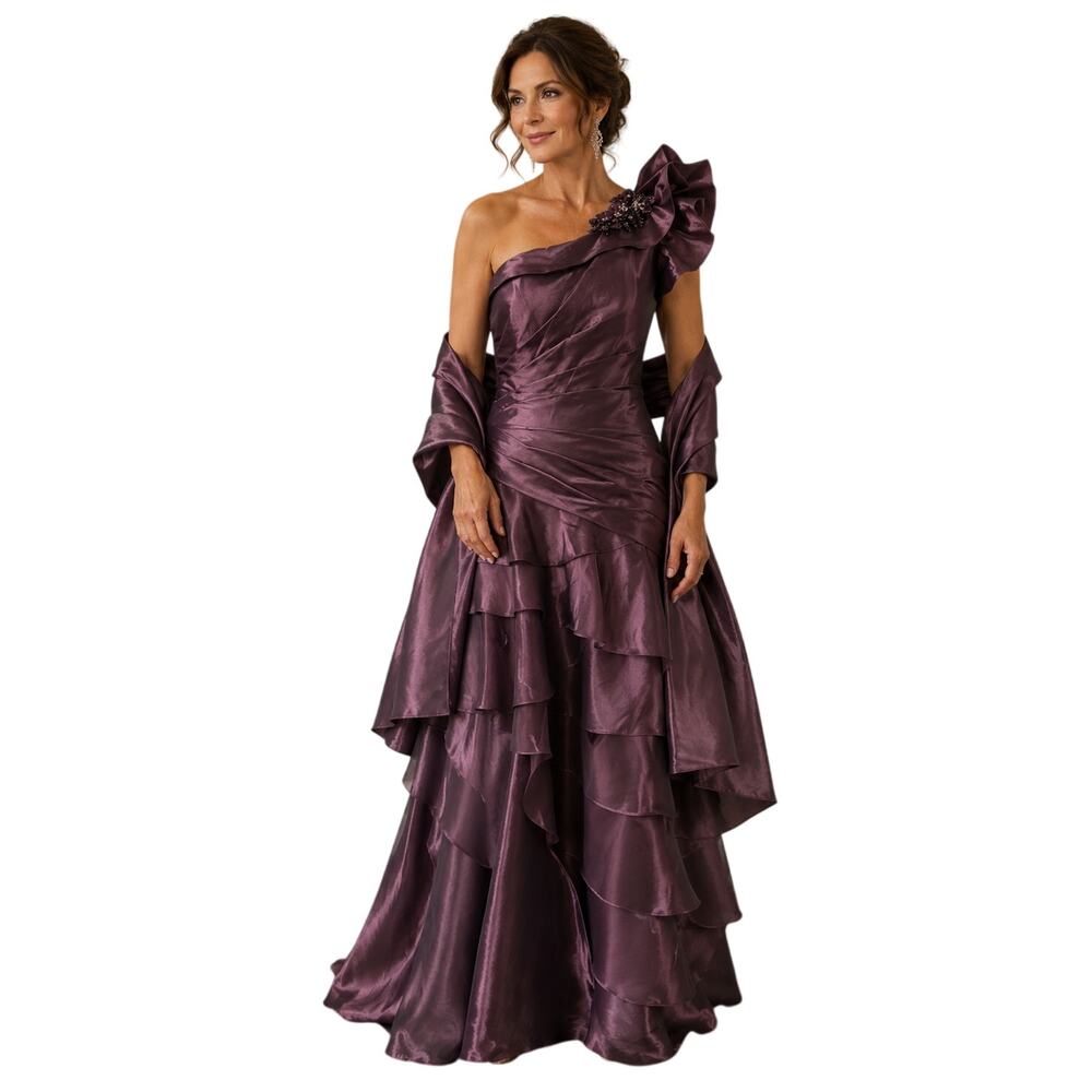 Jade Couture One Shoulder Ruffle Tiered Ball Gown Orchid Shadow Women's Size 12